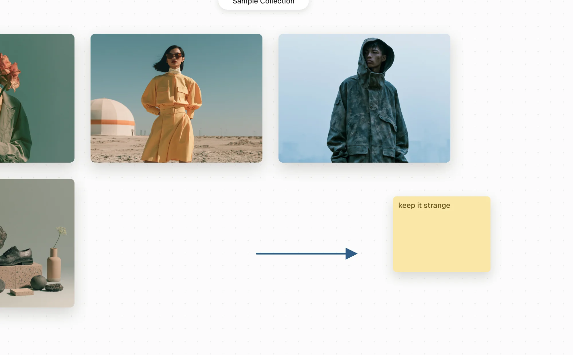 A board in Conocle: references, a sticky note reading keep it strange, and an arrow