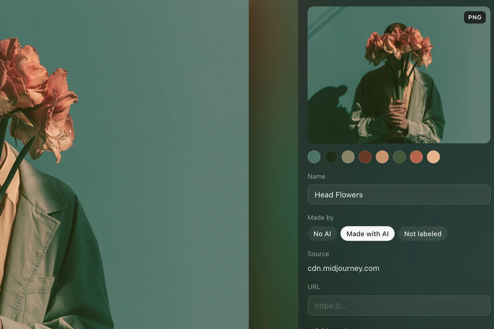 Image details in Conocle: palette, name, AI label, and source