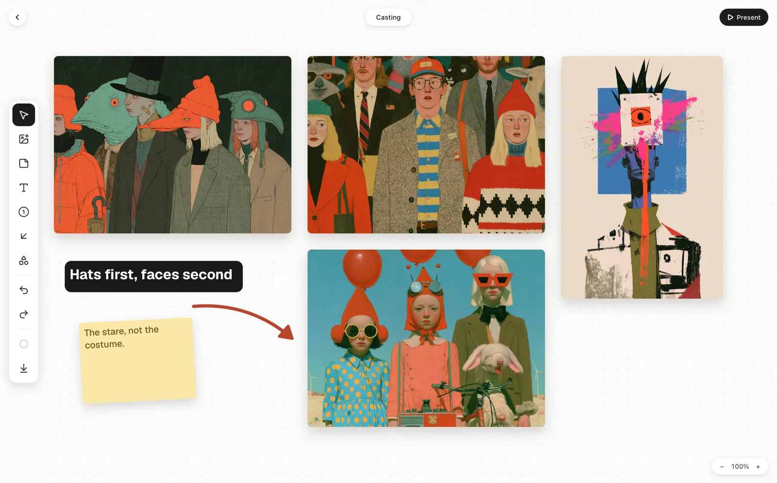 A Conocle board called Casting: five images in two rows, a boxed label Hats first, faces second, a red arrow, and a sticky note reading The stare, not the costume