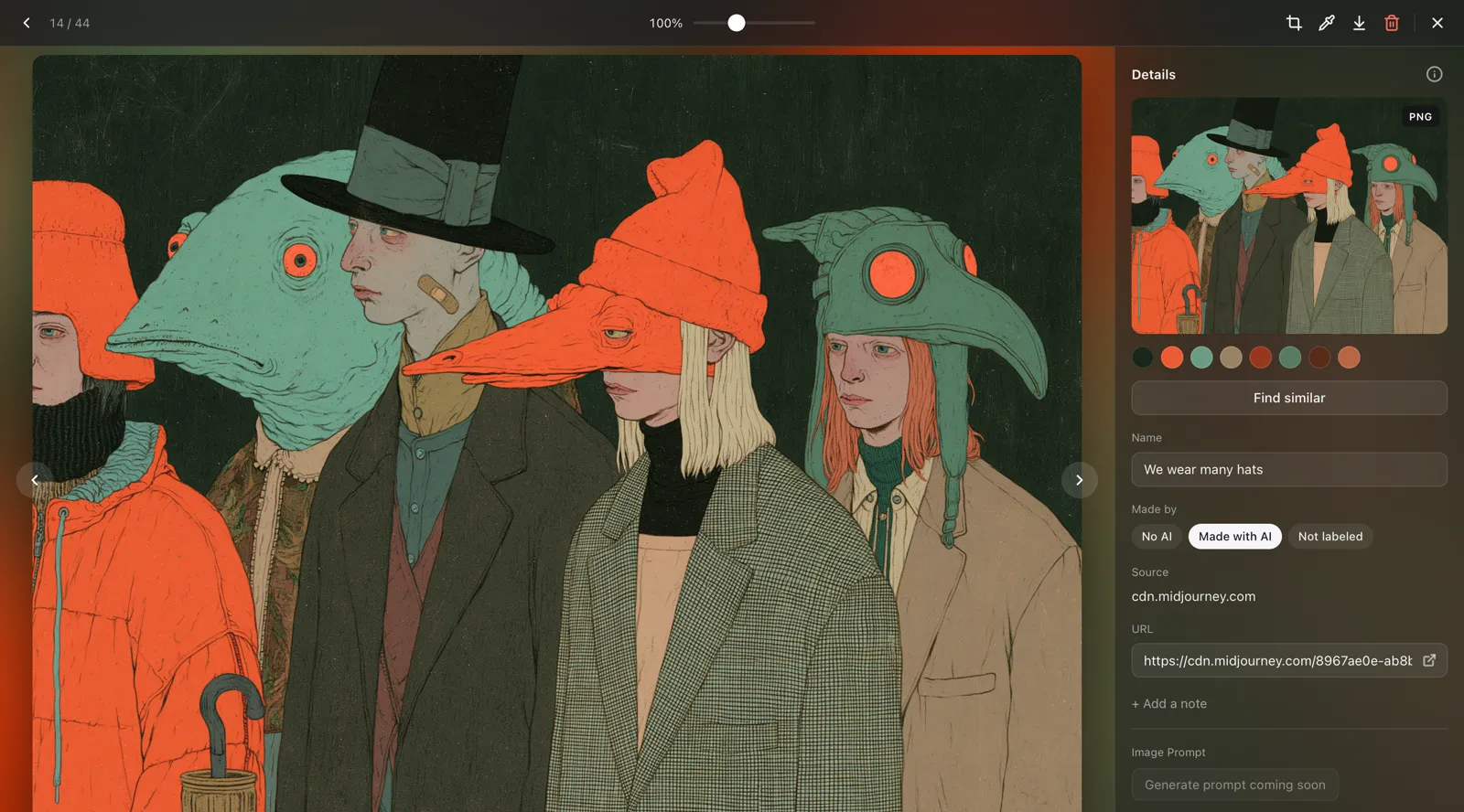 A saved image open in Conocle: the picture, its colour swatches, Find similar, its name and a Made with AI label
